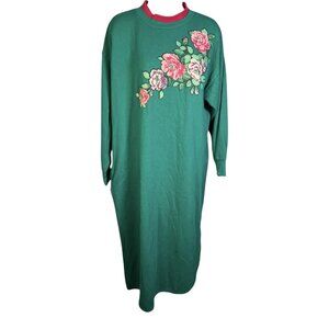 Vintage Women's Dress Sweatshirt Green Floral Rhinestones 80s 90s Size Medium